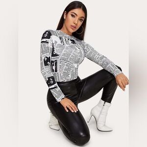 Newspaper Print Mesh Long-Sleeve - Size M